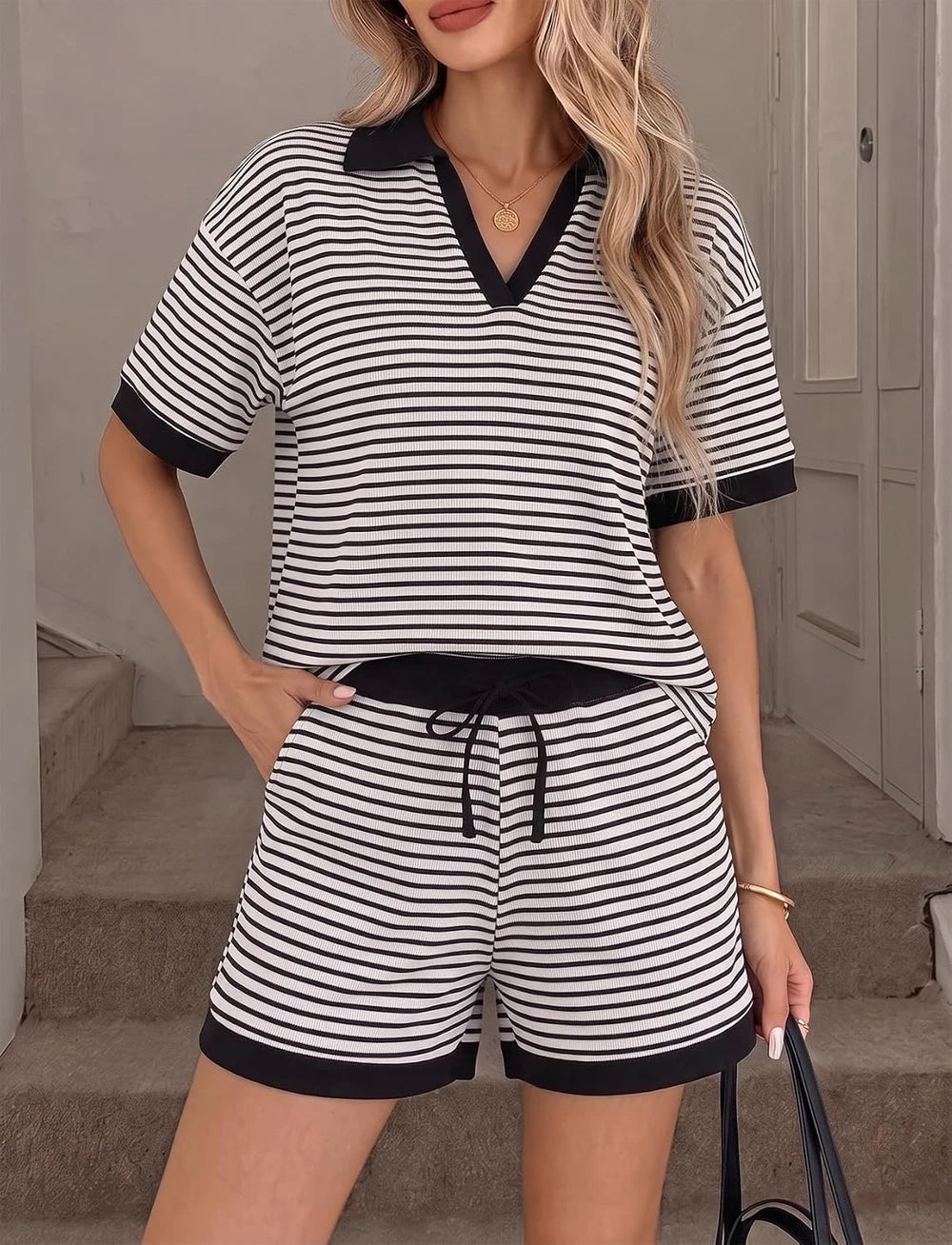 Striped Waffle Knit Shorts Set