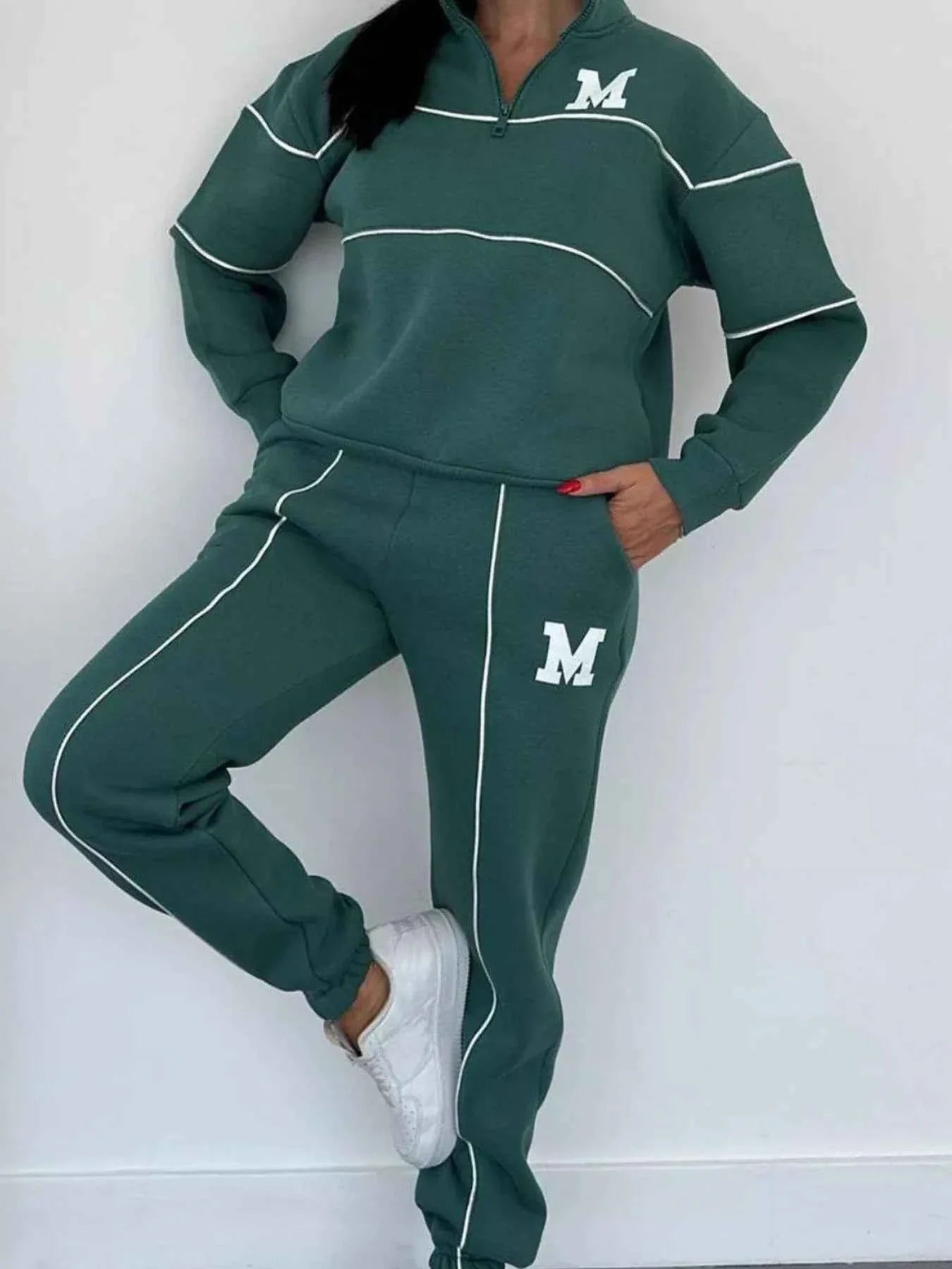Full Size Striped Quarter Zip Top and Pants Set Plus Size