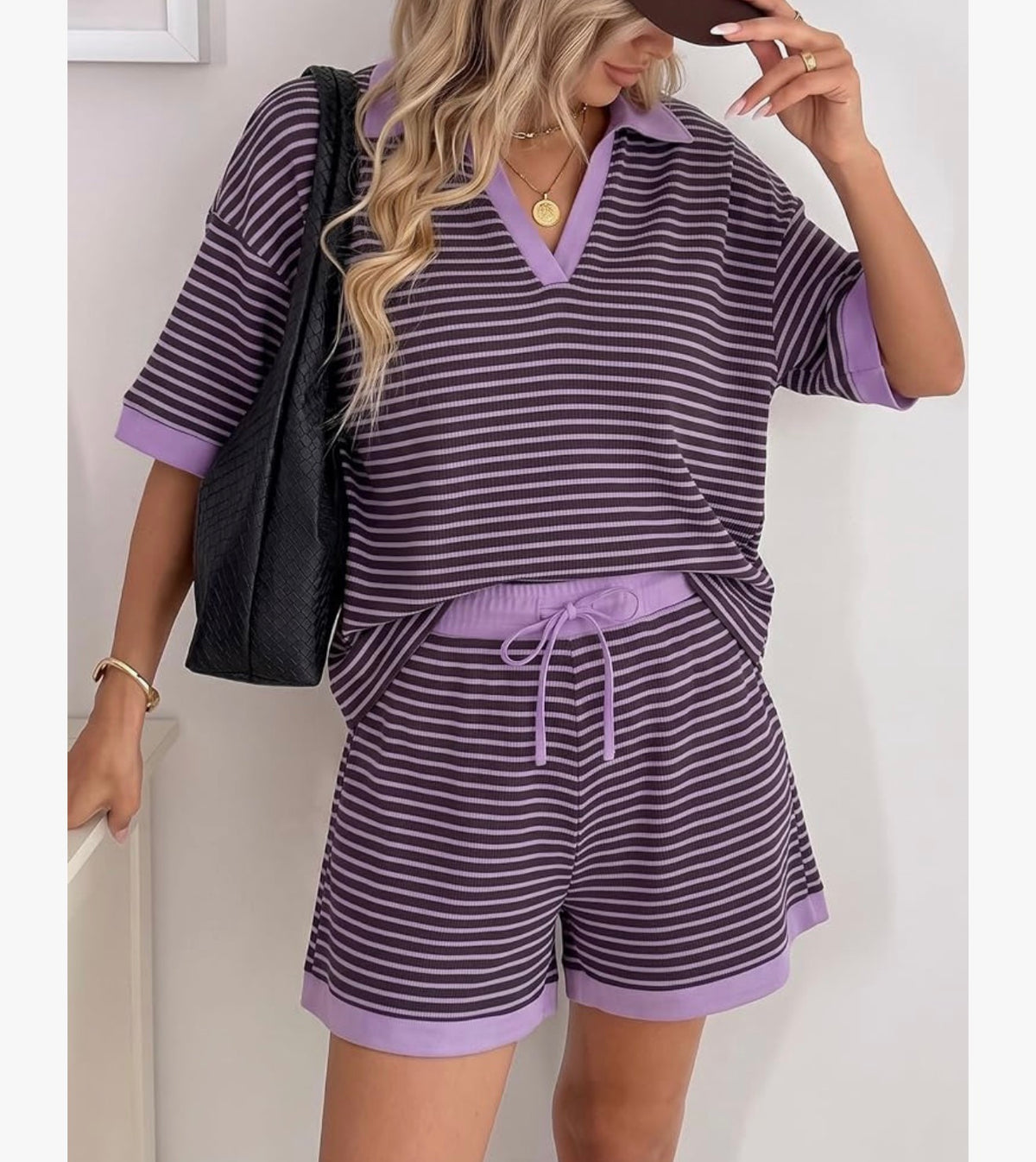 Striped Waffle Knit Shorts Set