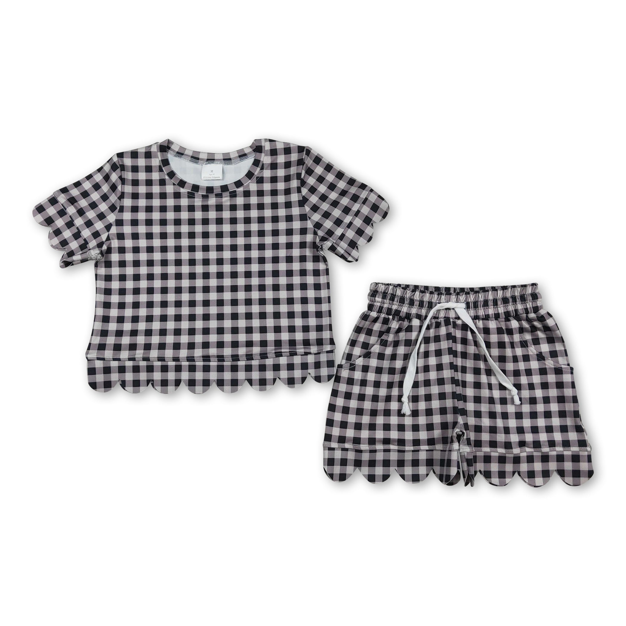 Black plaid scallop top shorts girls summer outfit