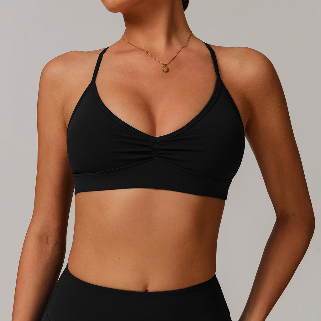 Sollinarry V neck Yoga Bra Cross Back Slimming Pleated Underwear Running Sports Workout Bra