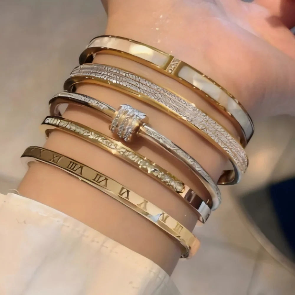 Yupsk Titanium Steel Couple's Bracelet Shiny Zircon Inlaid Stainless Steel Bangles Gold/Silver Color Female Jewelry Gift