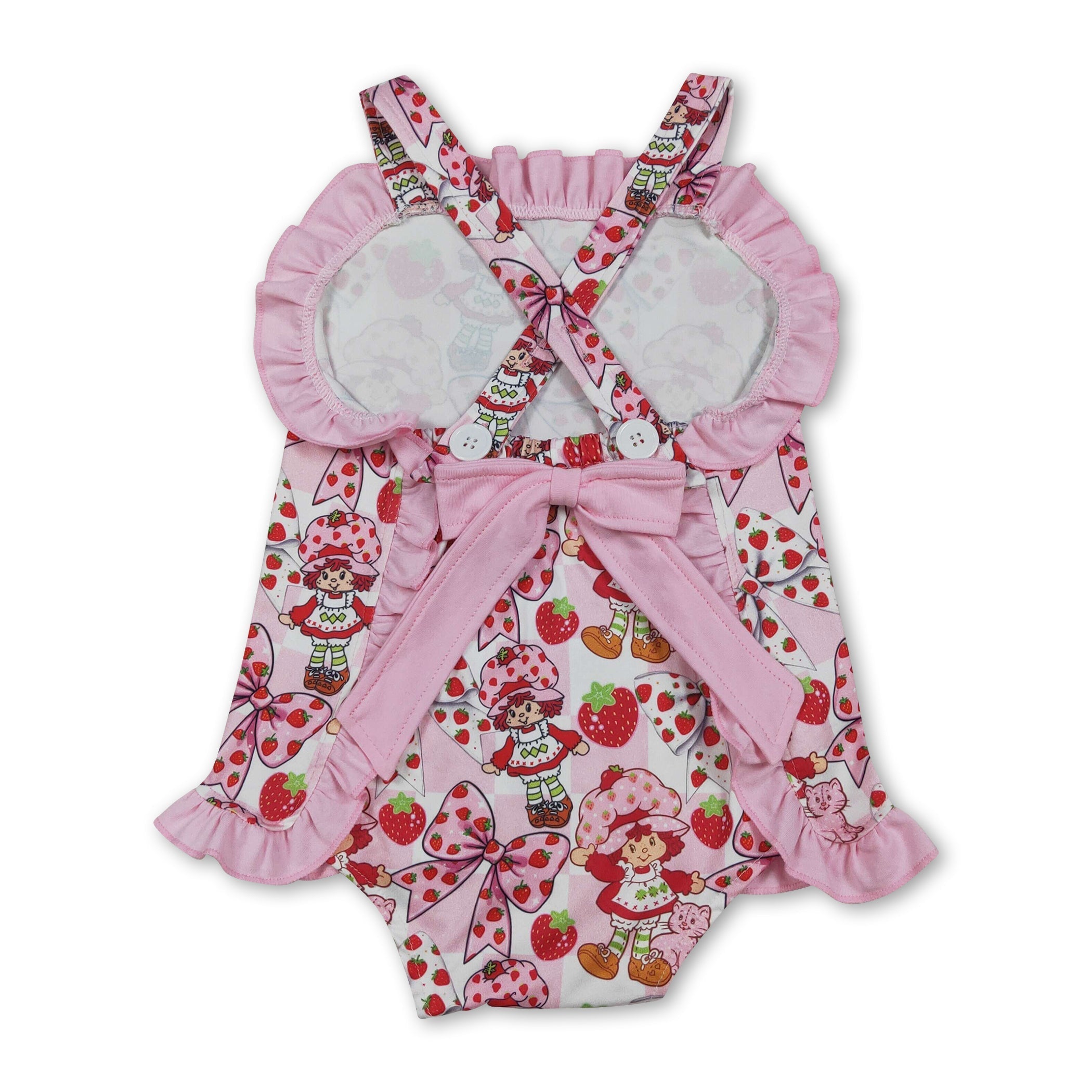 Strawberry bow ruffle straps baby girls summer romper