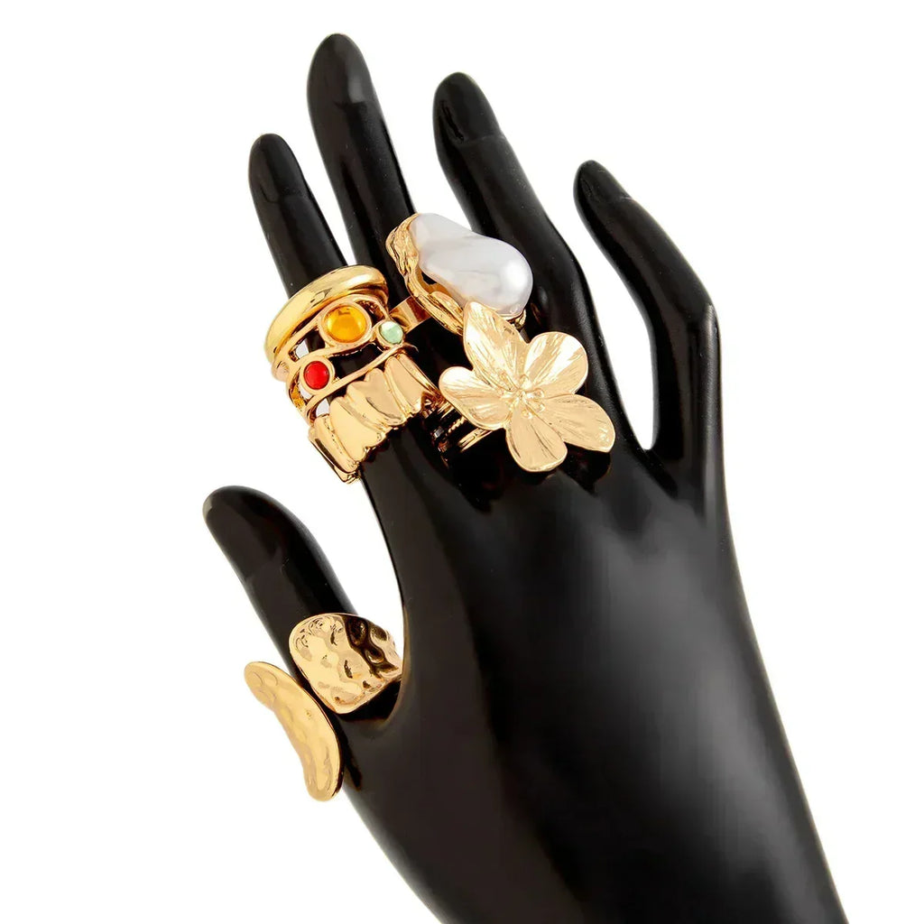Ingemark 2025 New Irregular Exaggerated Metal Flower Open Rings Women Elegant Baroque Imitation Pearl Ring Jewelry Accessories
