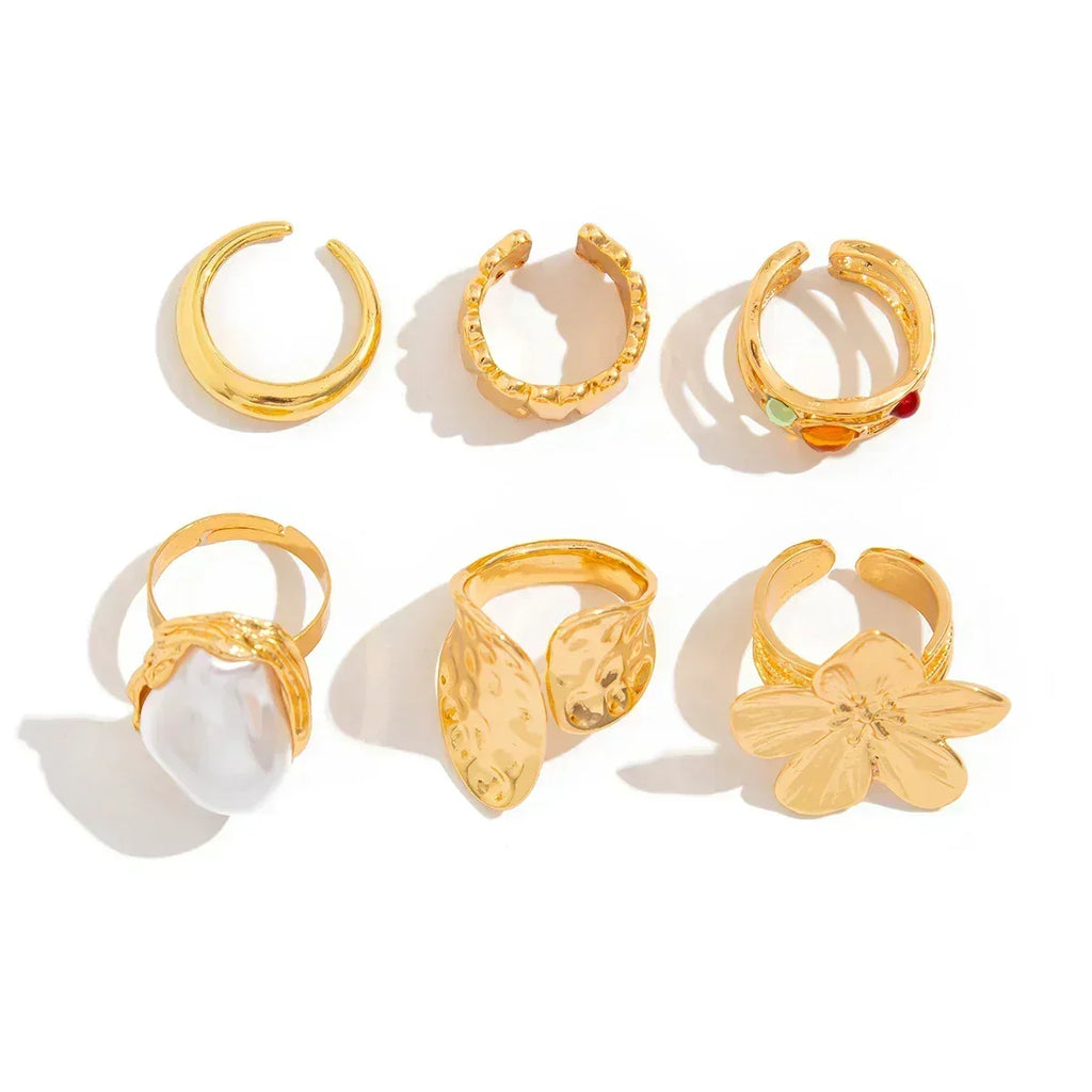 Ingemark 2025 New Irregular Exaggerated Metal Flower Open Rings Women Elegant Baroque Imitation Pearl Ring Jewelry Accessories