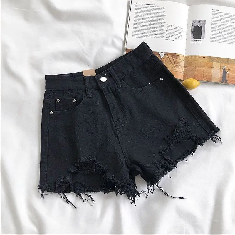High Waist Ripped Jeans Pocket Tassel Shorts